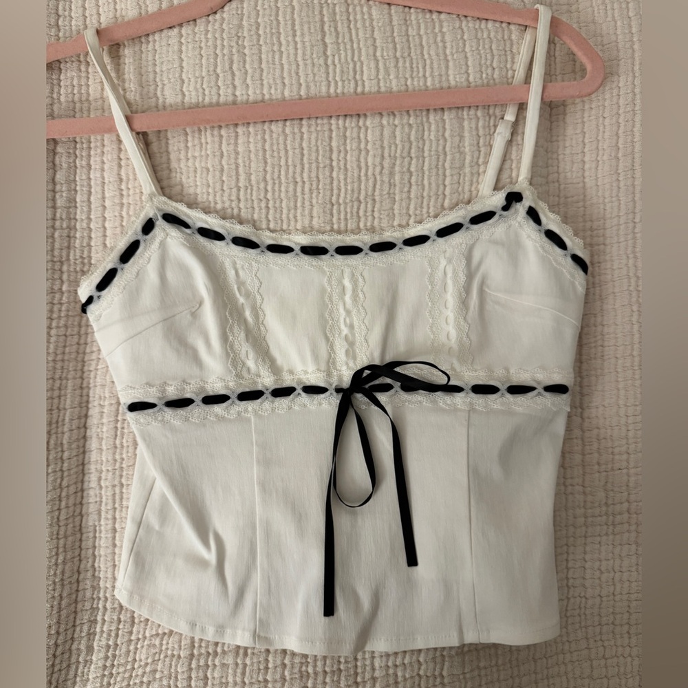Chic White Lace Camisole with Black Ribbon
